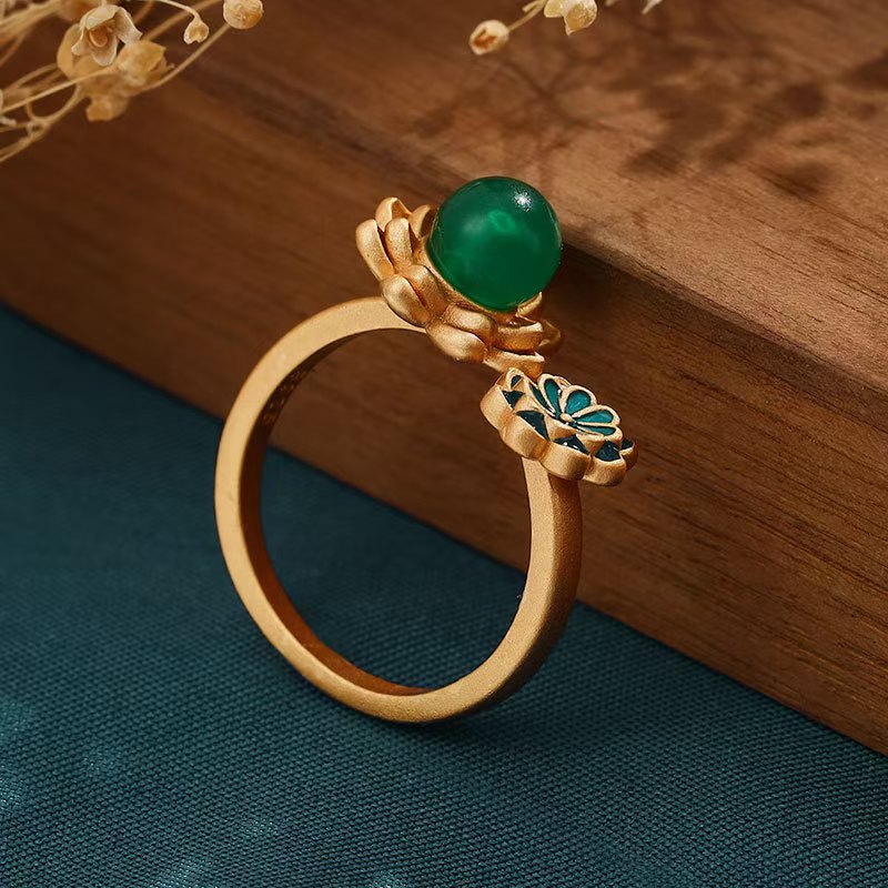 Green Chalcedony Lotus Wealth Ring