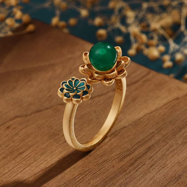Green Chalcedony Lotus Wealth Ring