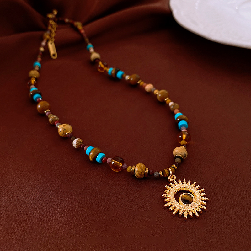 Brown Turquoise Beaded Sunflower Pendant