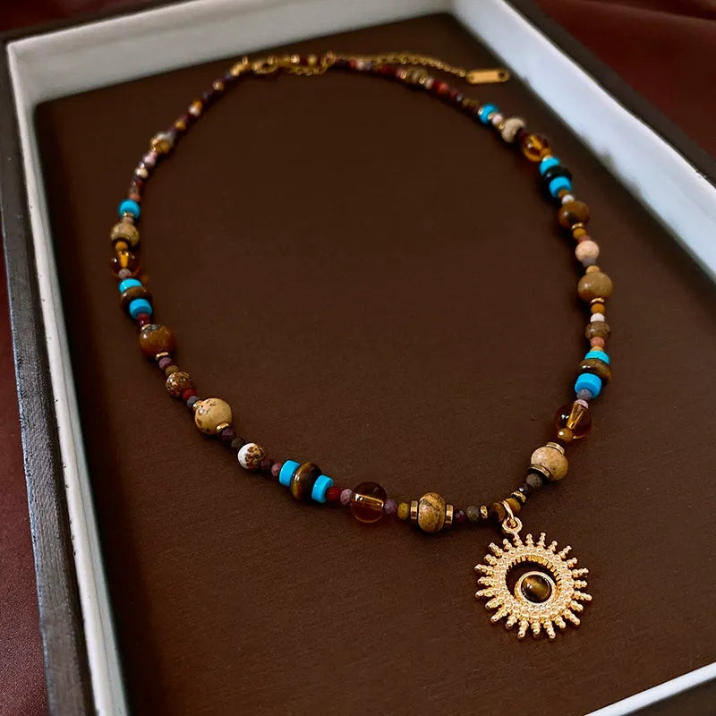 Brown Turquoise Beaded Sunflower Pendant