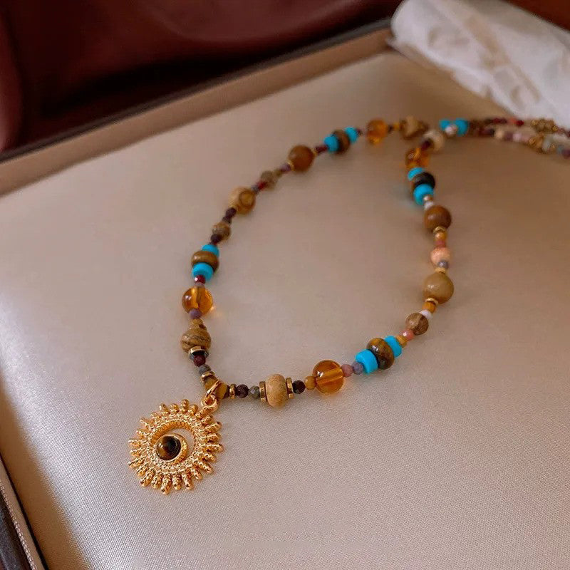 Brown Turquoise Beaded Sunflower Pendant
