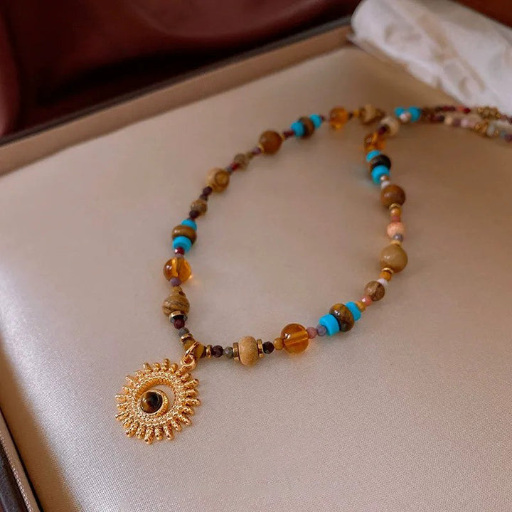 Brown Turquoise Beaded Sunflower Pendant