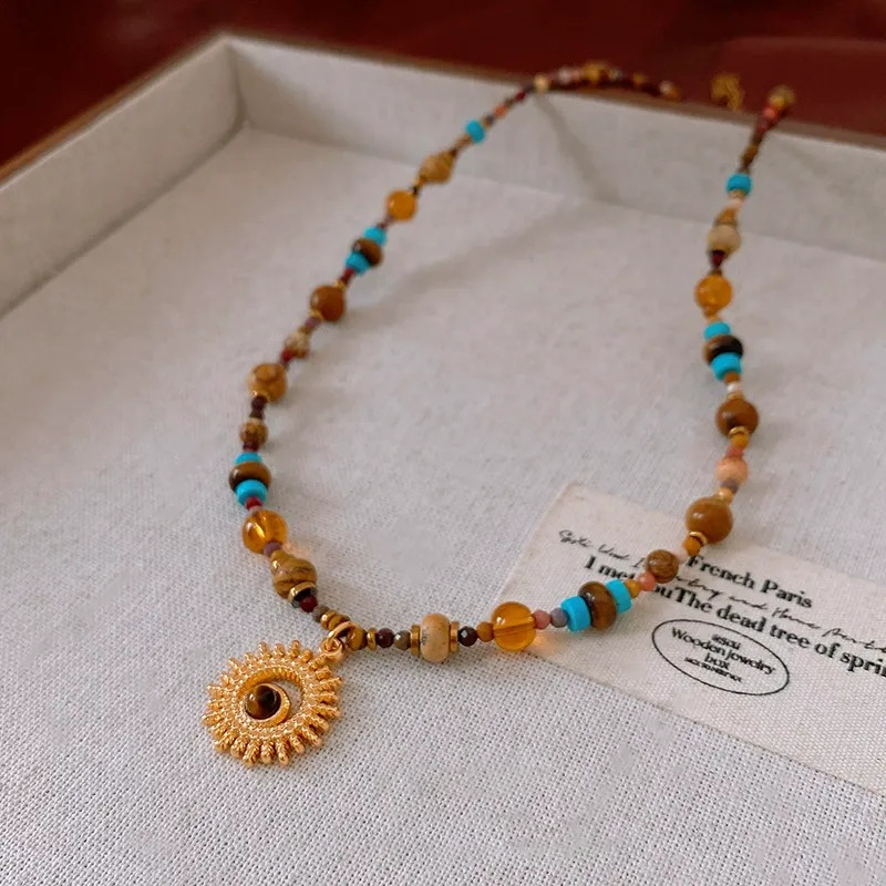 Brown Turquoise Beaded Sunflower Pendant
