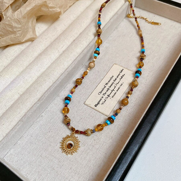Brown Turquoise Beaded Sunflower Pendant