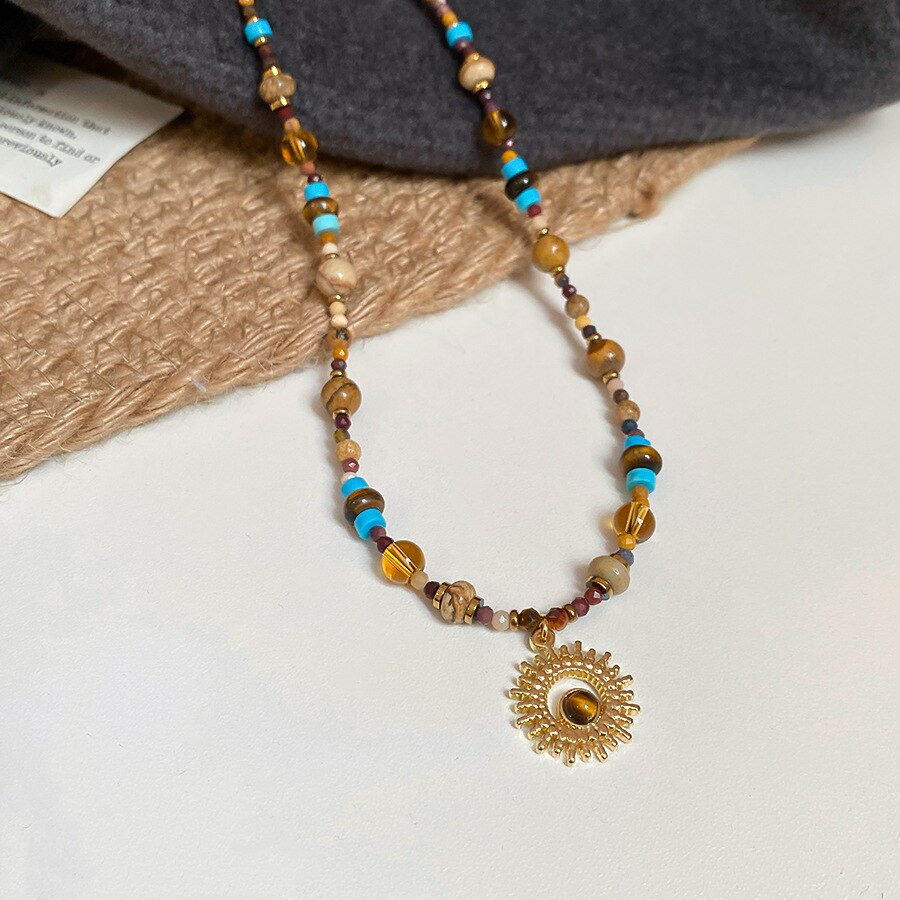 Brown Turquoise Beaded Sunflower Pendant