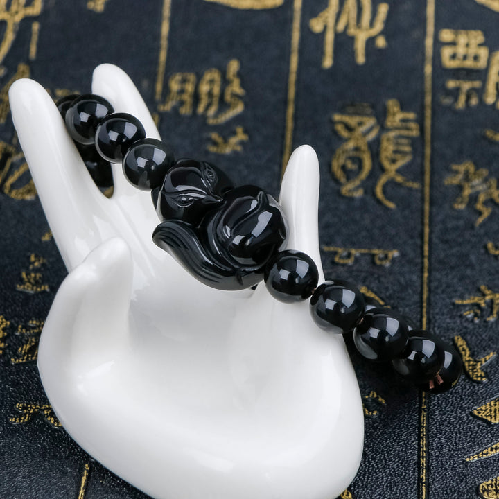 Fox Fairy Bracelet Black Obsidian Beads Lucky Protector