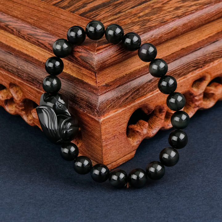 Fox Fairy Bracelet Black Obsidian Beads Lucky Protector