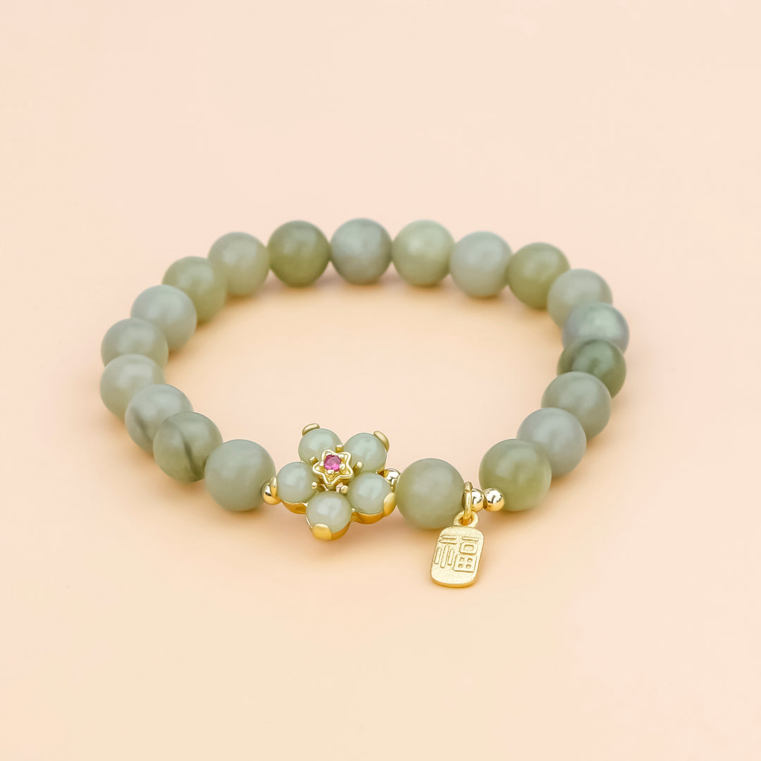 Green Jade Flower Fu Character Luck Bracelet