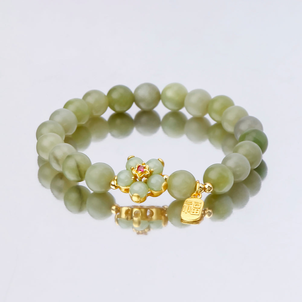 Green Jade Flower Fu Character Luck Bracelet