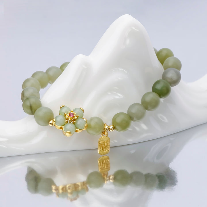 Green Jade Flower Fu Character Luck Bracelet
