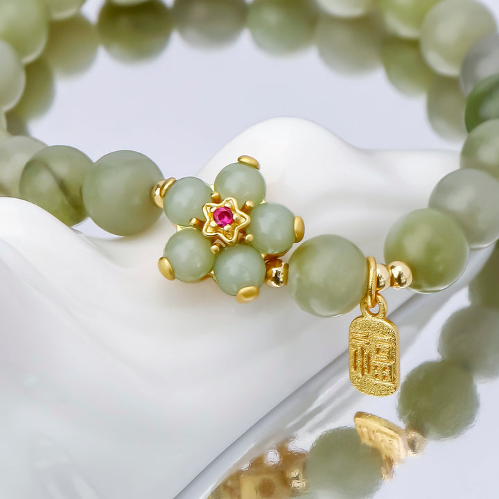 Green Jade Flower Fu Character Luck Bracelet