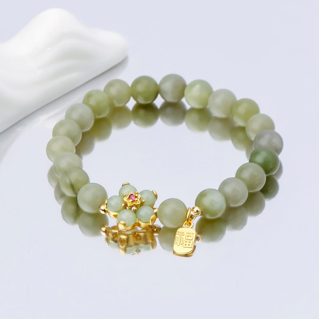 Green Jade Flower Fu Character Luck Bracelet