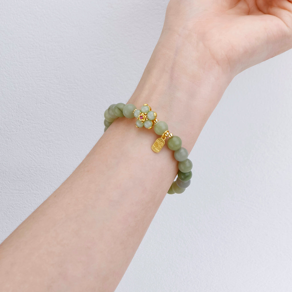 Green Jade Flower Fu Character Luck Bracelet