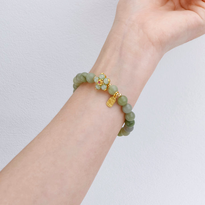 Green Jade Flower Fu Character Luck Bracelet