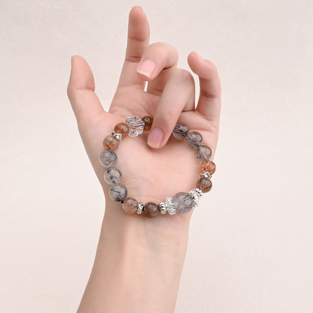 Natural Black Crystal Cube White Crystal Bracelet