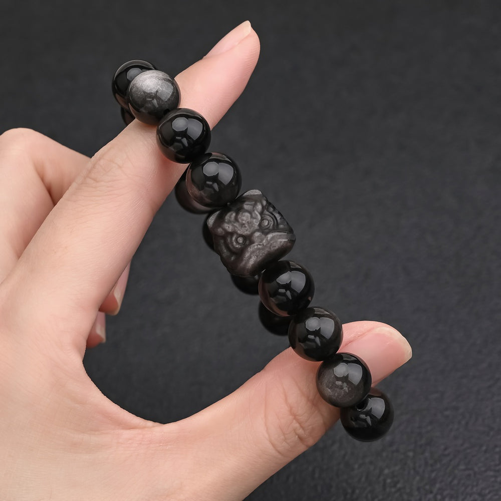 Natural Silver Sheen Obsidian Lion Bracelet