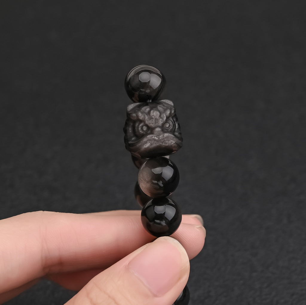 Natural Silver Sheen Obsidian Lion Bracelet