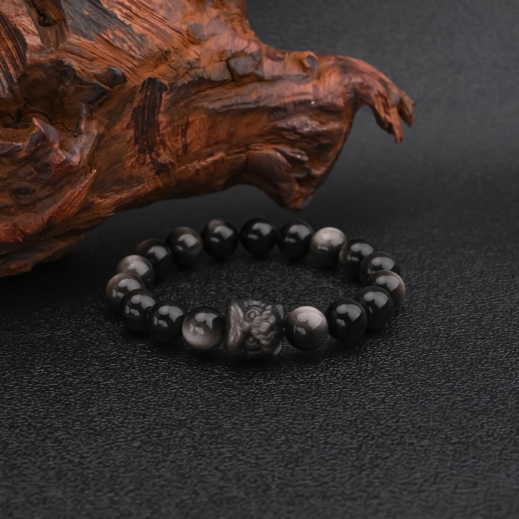 Natural Silver Sheen Obsidian Lion Bracelet