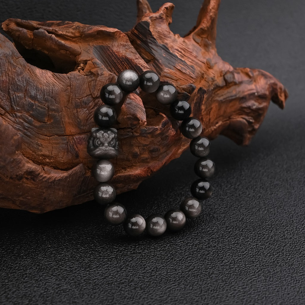 Natural Silver Sheen Obsidian Lion Bracelet