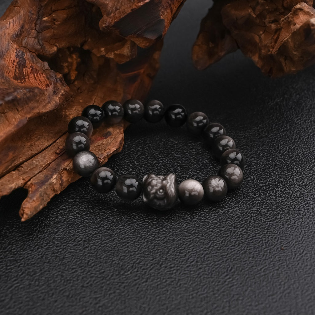 Natural Silver Sheen Obsidian Lion Bracelet