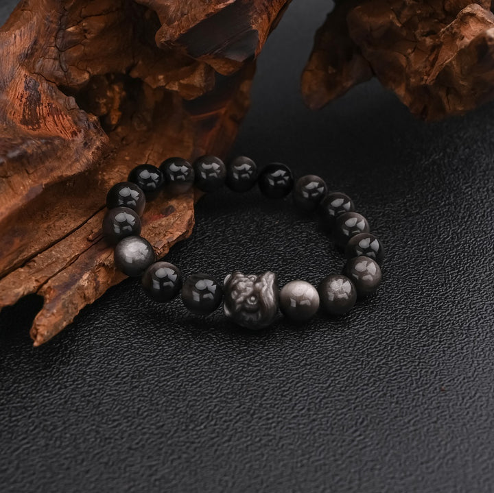 Natural Silver Sheen Obsidian Lion Bracelet