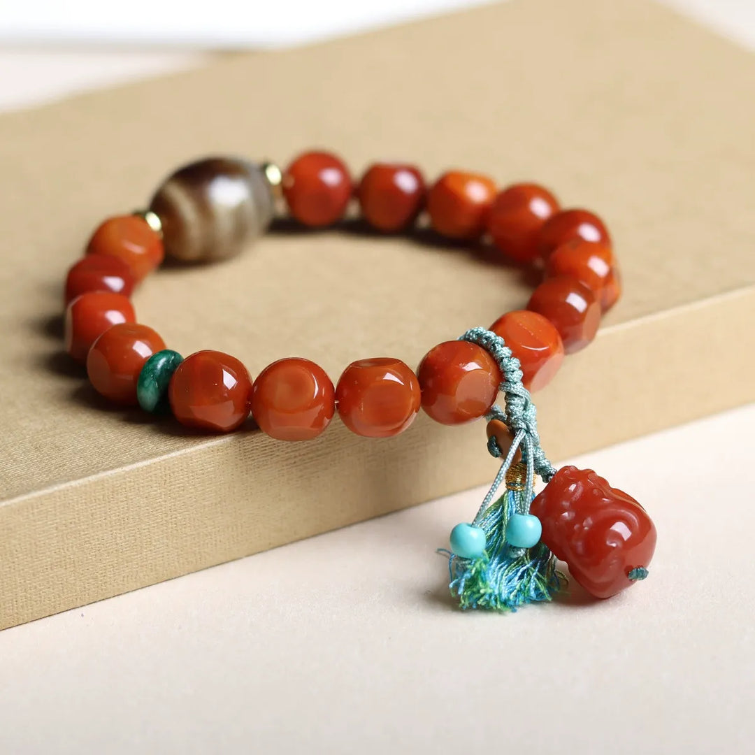Natural South Red Agate Pixiu Dzi Bead Bracelet - Luck