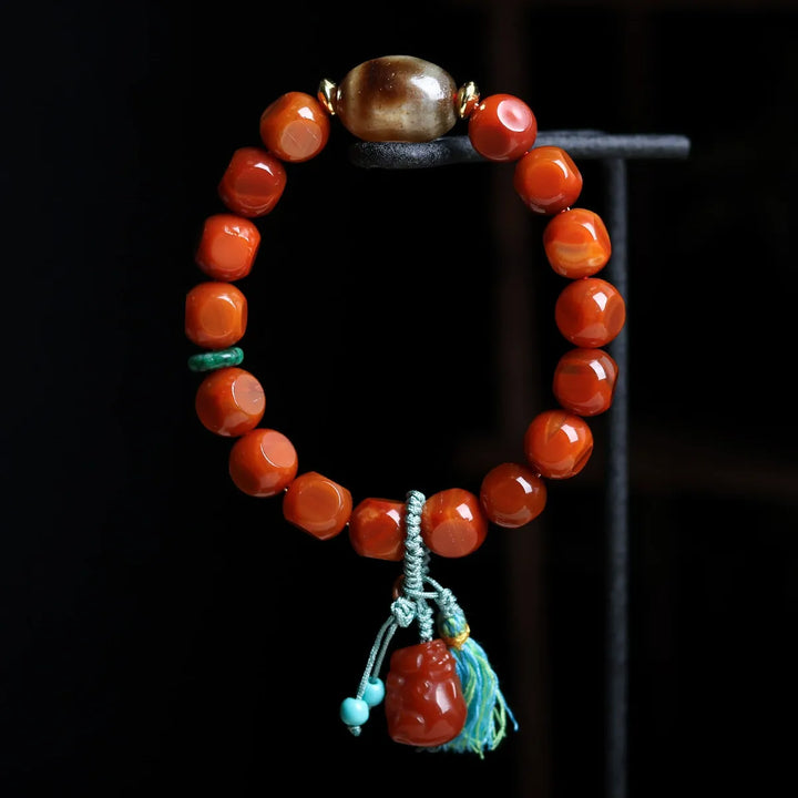 Natural South Red Agate Pixiu Dzi Bead Bracelet - Luck