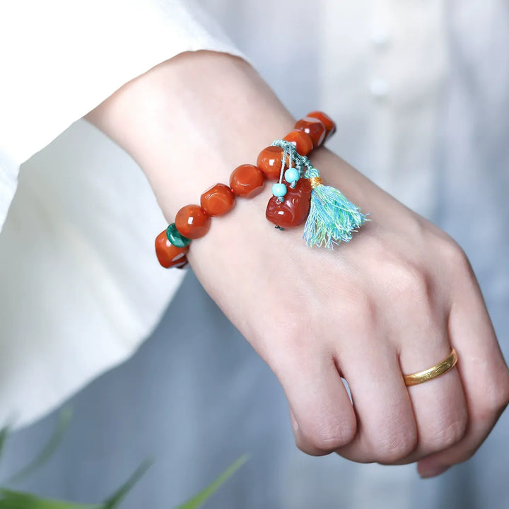 Natural South Red Agate Pixiu Dzi Bead Bracelet - Luck