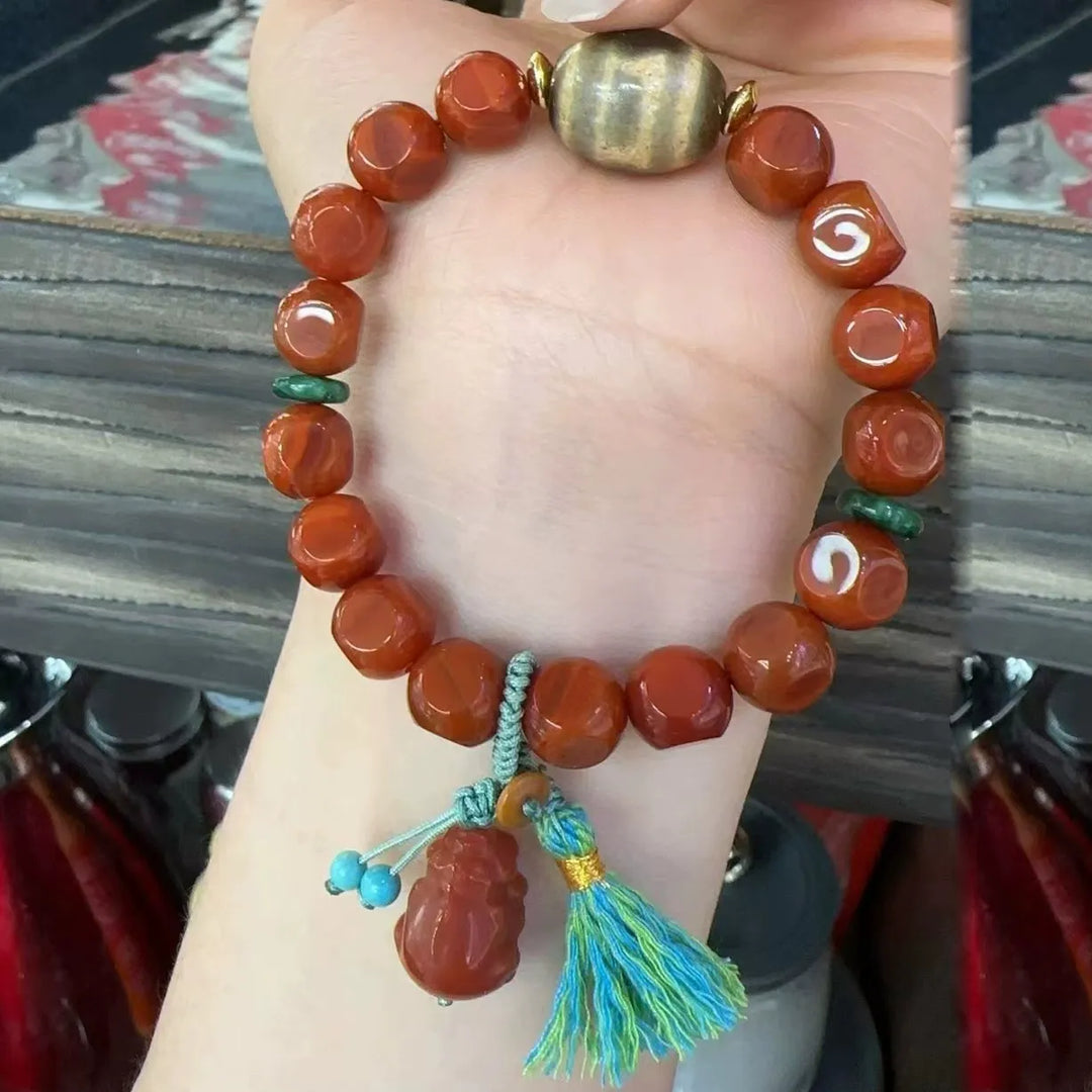 Natural South Red Agate Pixiu Dzi Bead Bracelet - Luck