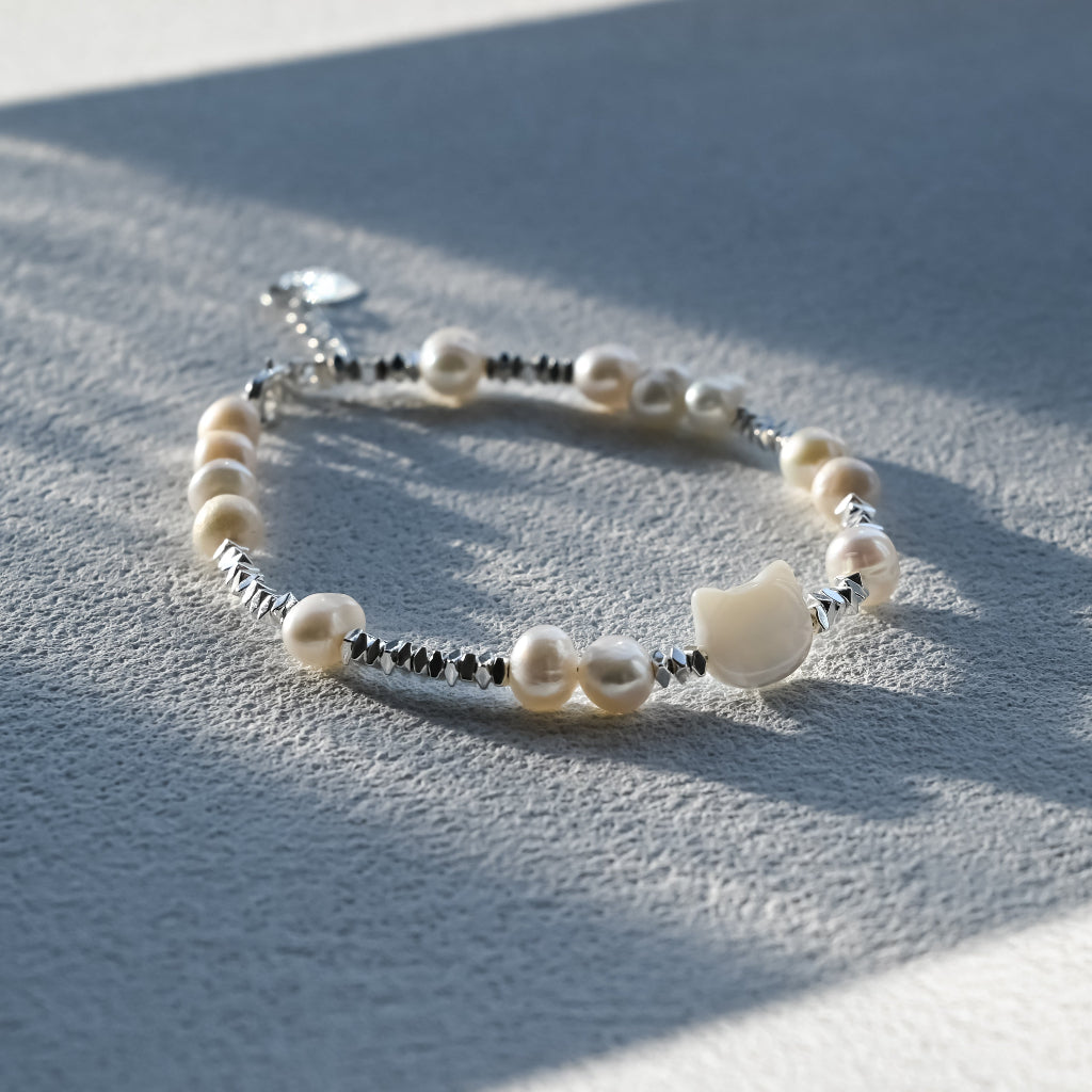 Pearl Silver Cat Bracelet