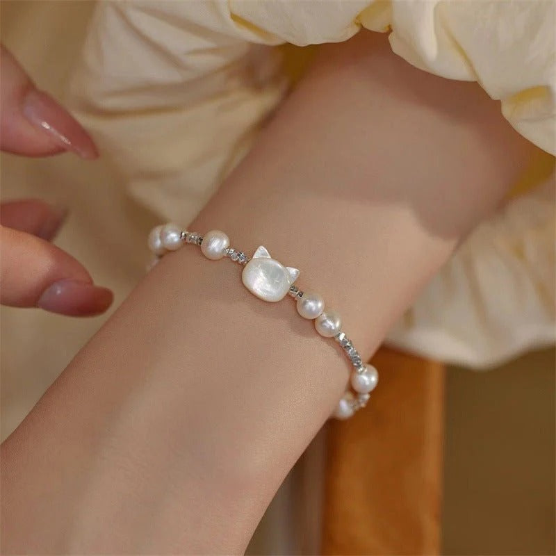 Pearl Silver Cat Bracelet