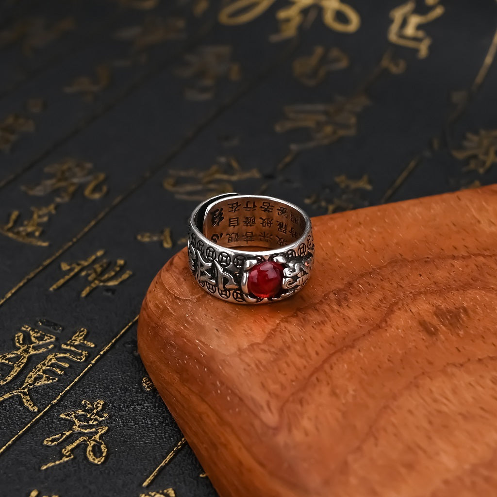 PiXiu Jin Chan Red Garnet Feng Shui Wealth Ring