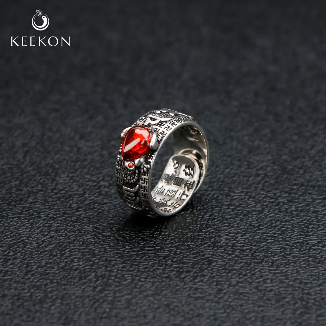 PiXiu Jin Chan Red Garnet Feng Shui Wealth Ring