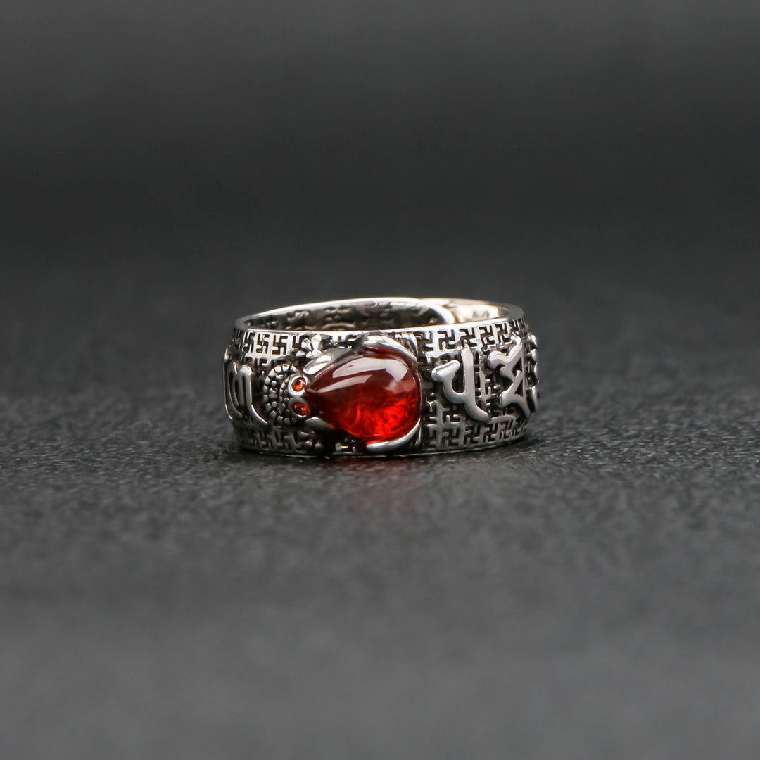 PiXiu Jin Chan Red Garnet Feng Shui Wealth Ring