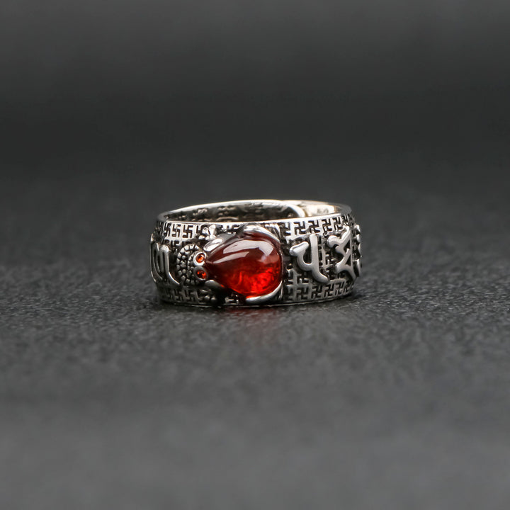 PiXiu Jin Chan Red Garnet Feng Shui Wealth Ring