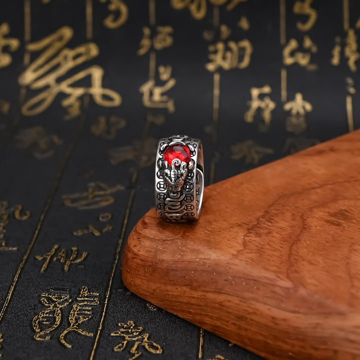 PiXiu Jin Chan Red Garnet Feng Shui Wealth Ring
