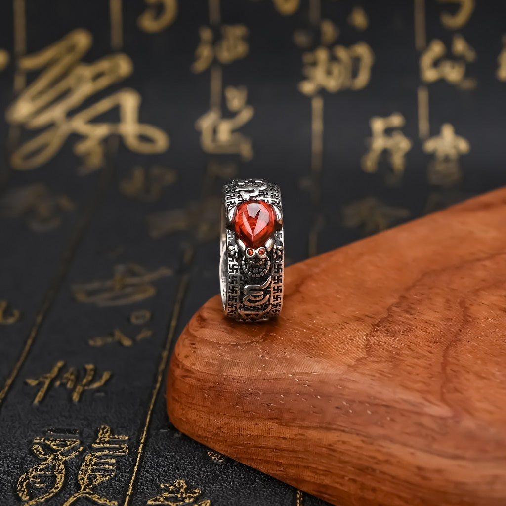 PiXiu Jin Chan Red Garnet Feng Shui Wealth Ring