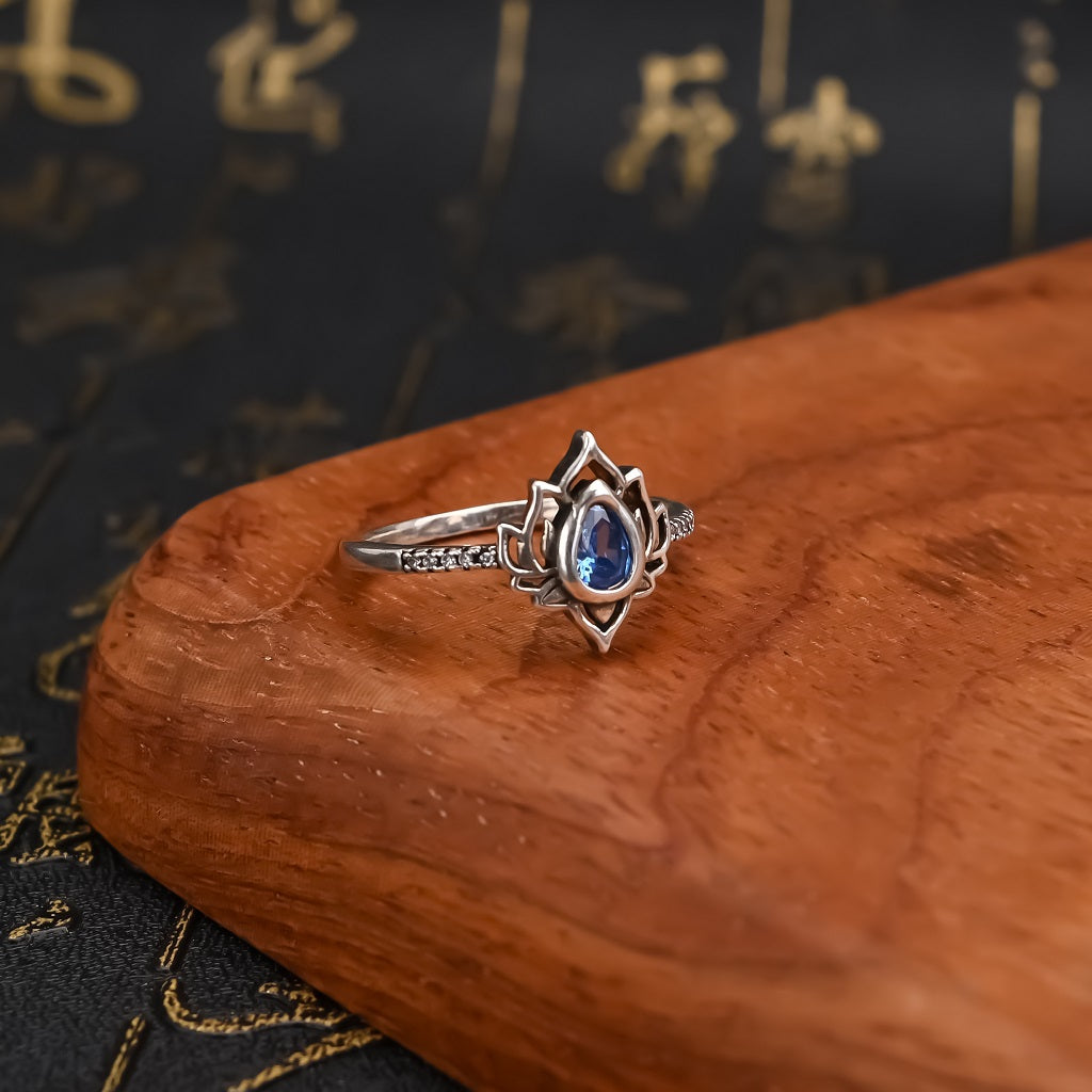 Silver Lotus Zircon Blessing Protection Ring