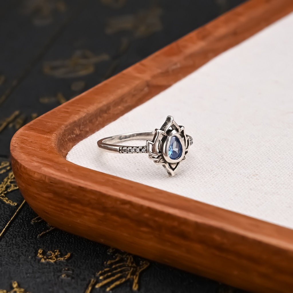 Silver Lotus Zircon Blessing Protection Ring