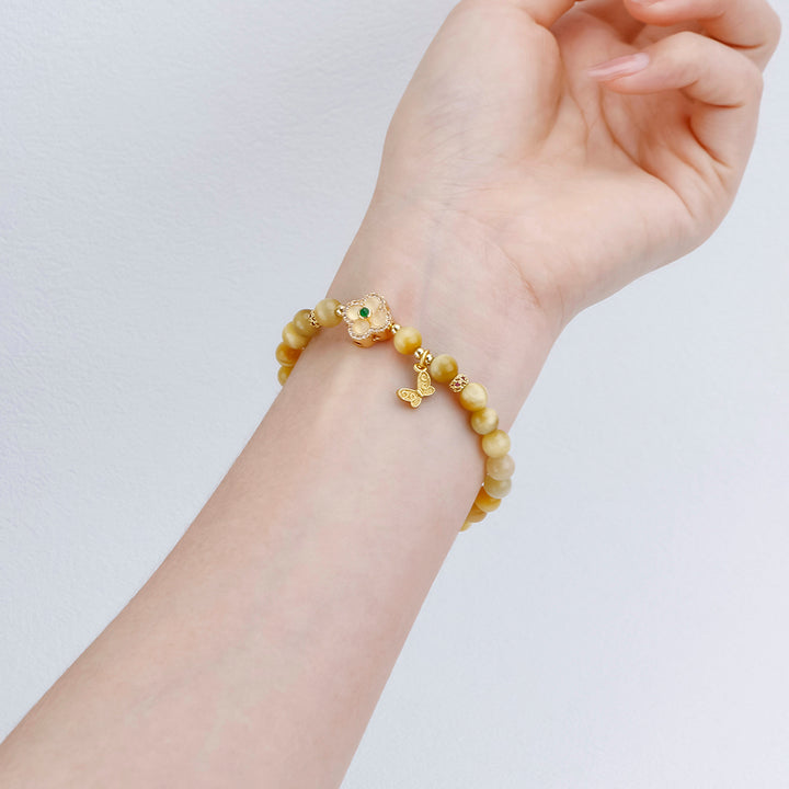 Tiger Eye Four Leaf Clover Butterfly Bracelet - Protection