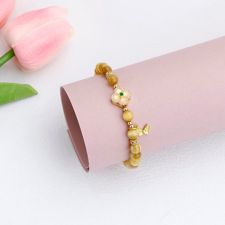 Tiger Eye Four Leaf Clover Butterfly Bracelet - Protection