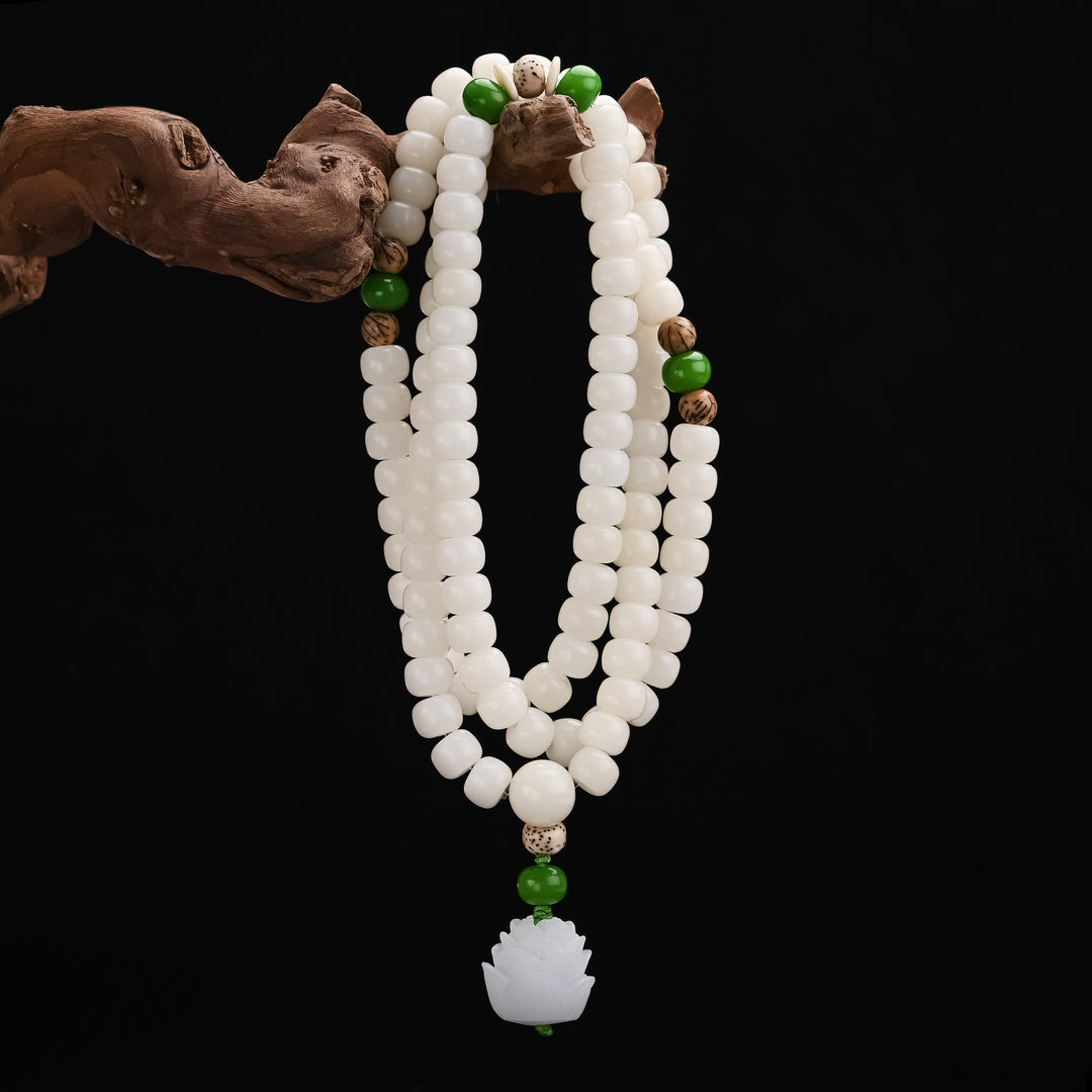 White Jade Bodhi Lotus Mala Bracelet