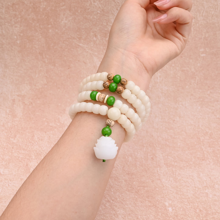 White Jade Bodhi Lotus Mala Bracelet