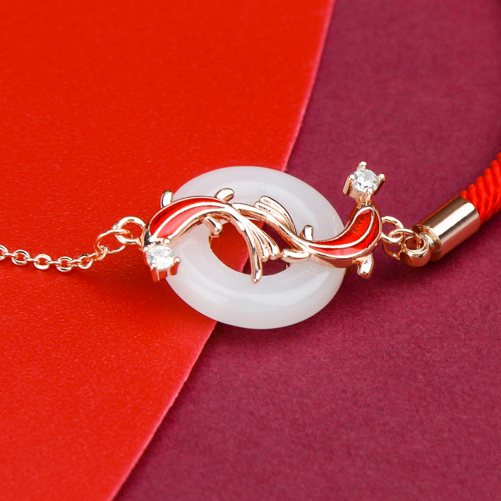 White Jade Double Koi Fish Peace Buckle Bracelet