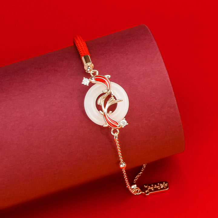 White Jade Double Koi Fish Peace Buckle Bracelet
