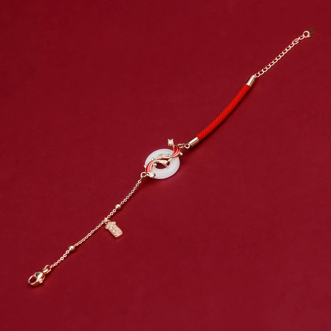 White Jade Double Koi Fish Peace Buckle Bracelet